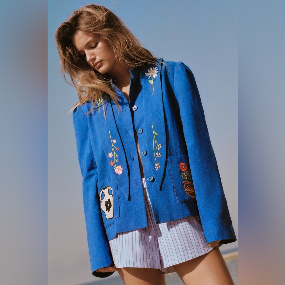 Zara Embroidered Royal Blue Women's Button-Up Blazer jacket